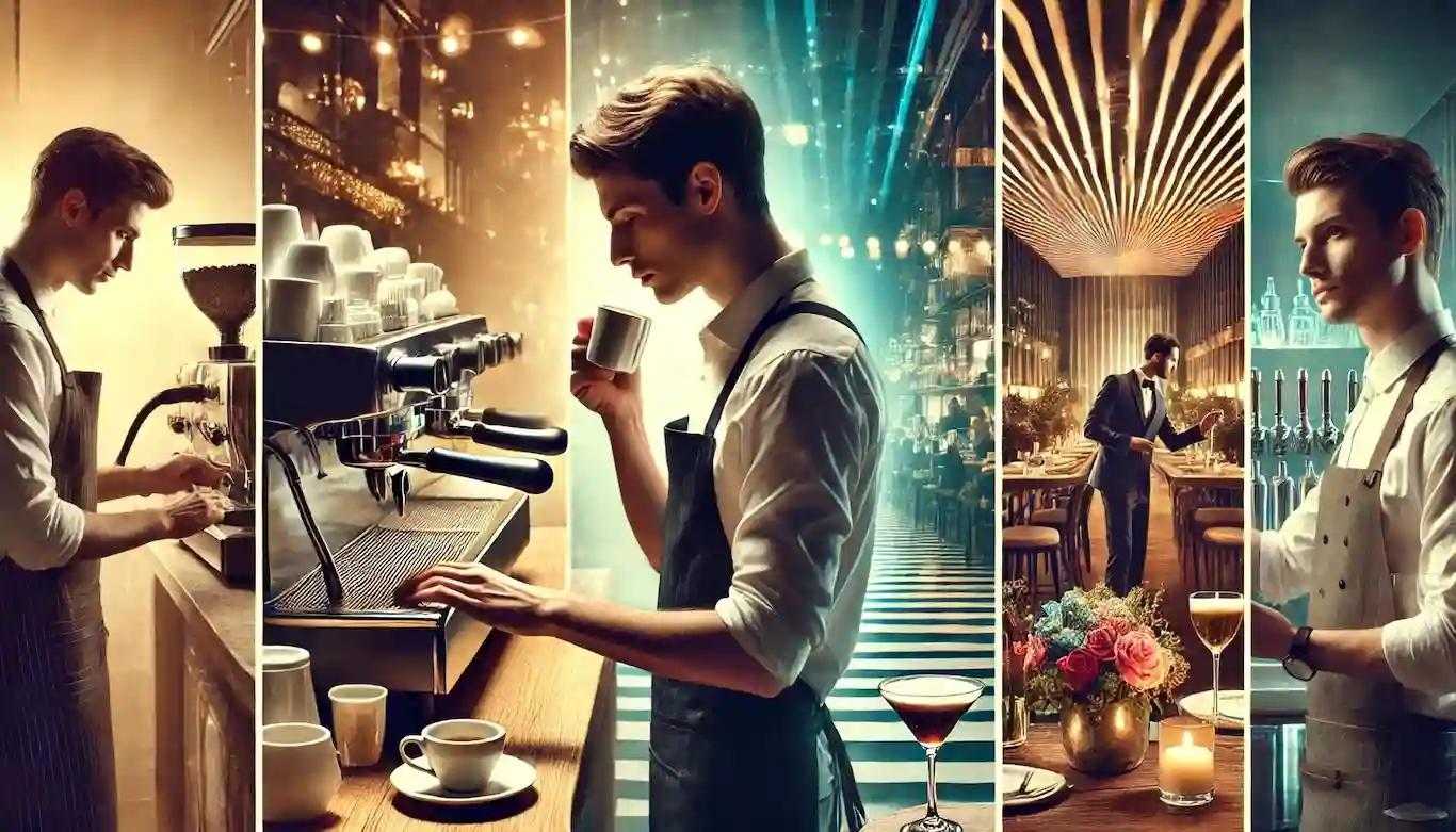 A landscape split-screen image of a person performing as a barista, waitering at a fine dining restaurant, and bartending in a nightclub